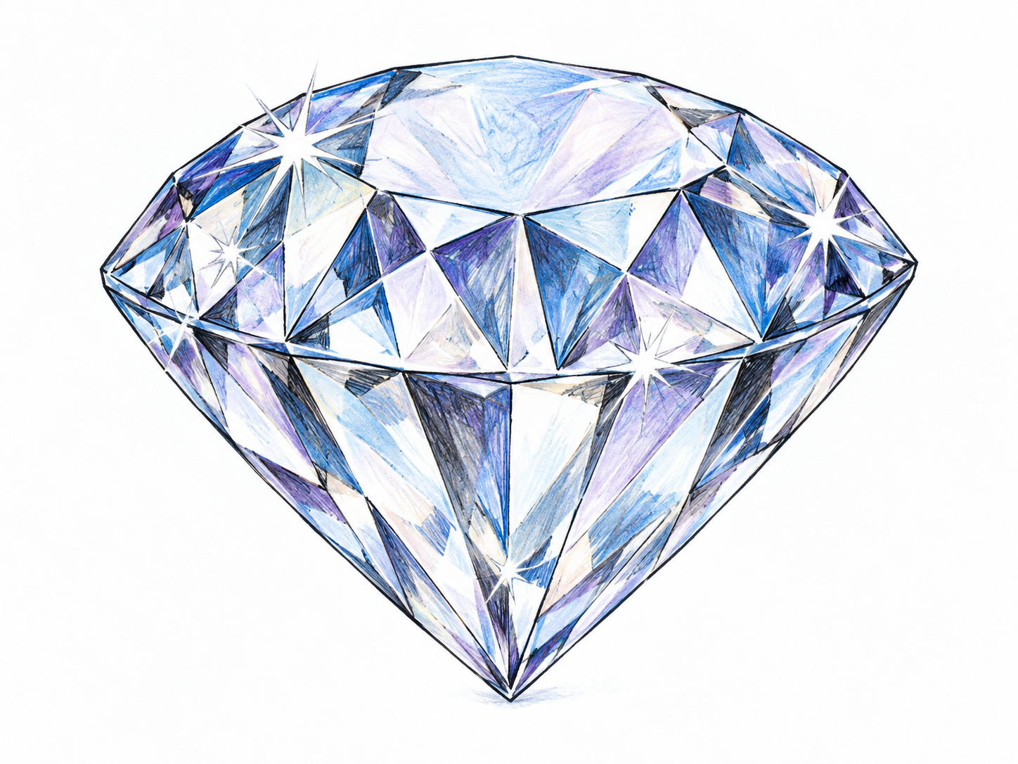 Faceted clear crystal jewel catches light with several tiny sharp white star glints along facets, pale blue and lilac washes, visibly shining in small flashes.