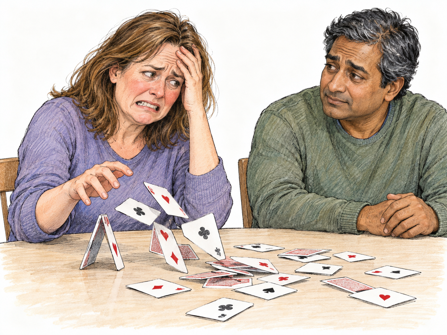 A woman reacts with embarrassed frustration after her carefully assembled house of cards collapses in front of a companion; the falling cards make the setback visible.