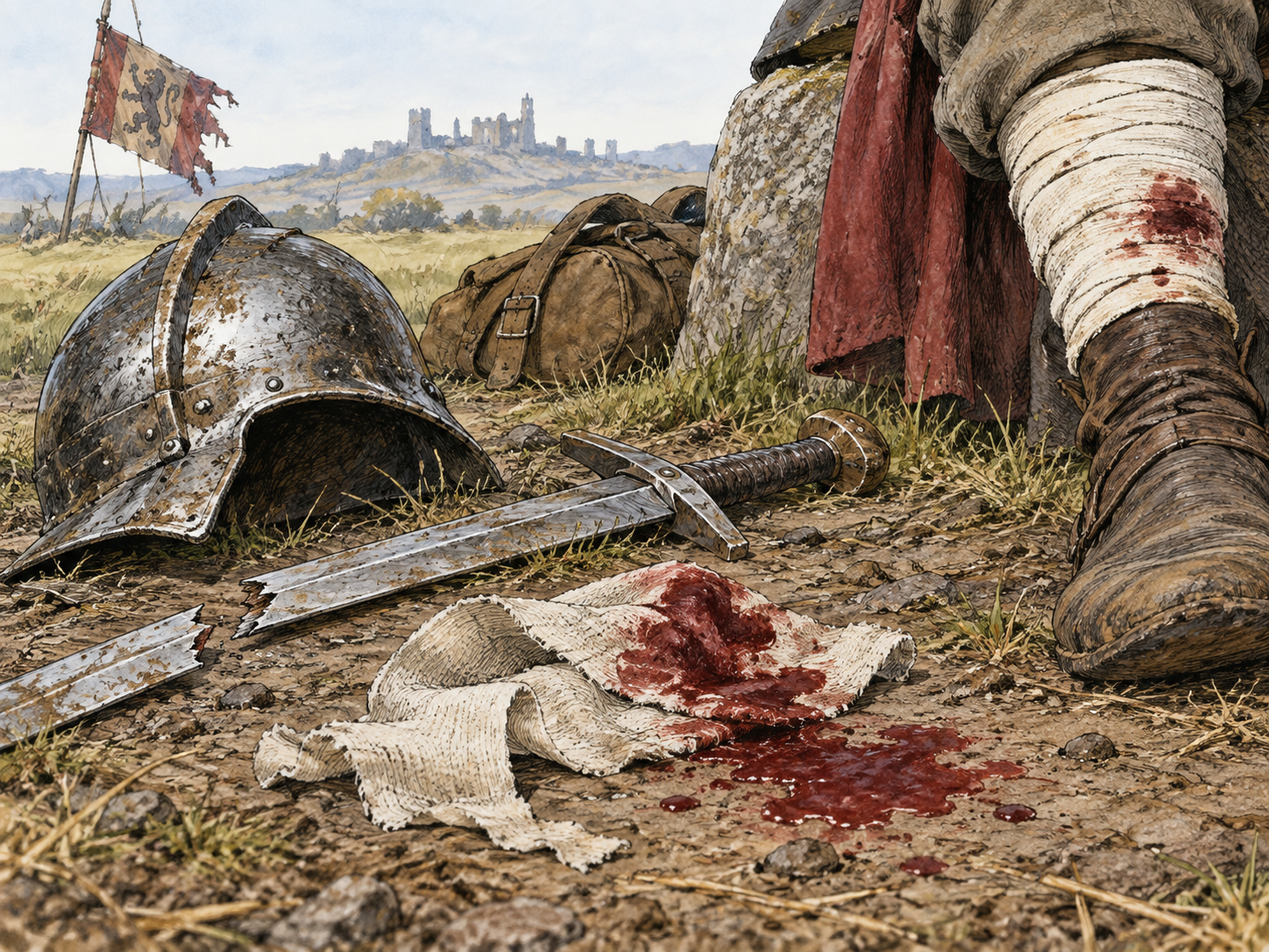 Bloodied battlefield bandages after an injury.