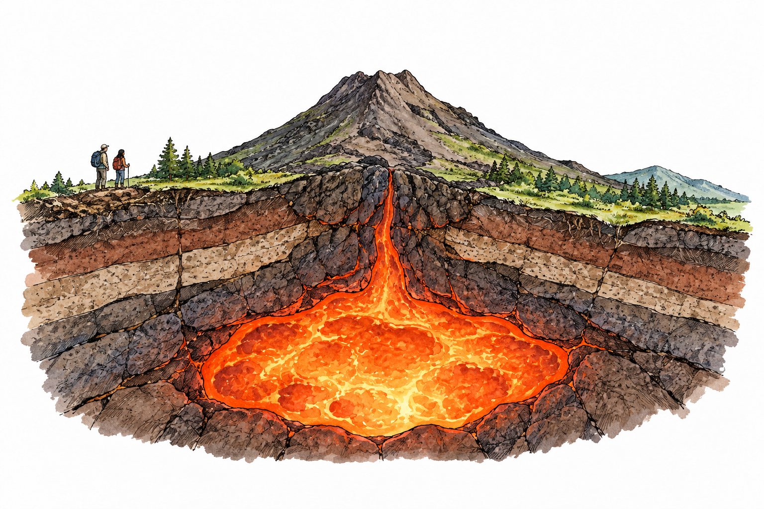 A geological cutaway of volcanic rock showing glowing molten magma pooled beneath the earth surface, no surface lava, no arrows or labels.