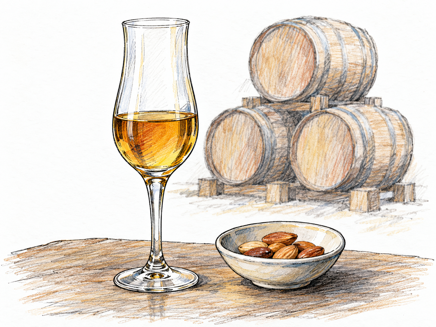 An amber sherry served in a slender copita beside a separate small dish of toasted almonds, with a restrained suggestion of stacked aging casks behind it.
