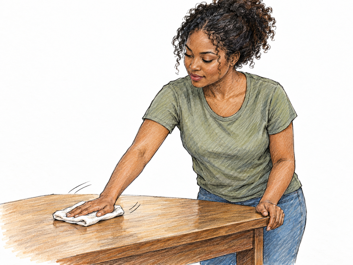 A young adult Black woman rubs a plain cloth back and forth across a small wooden tabletop, with the cloth pressed flat beneath her hand.