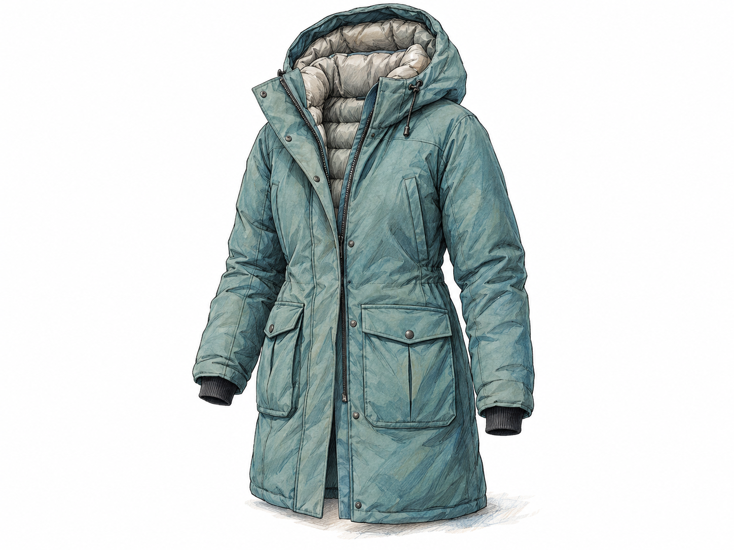 A single insulated parka displayed upright in three-quarter view, with its thick attached hood, padded lining, long body, snug cuffs and protective front closure clearly visible.