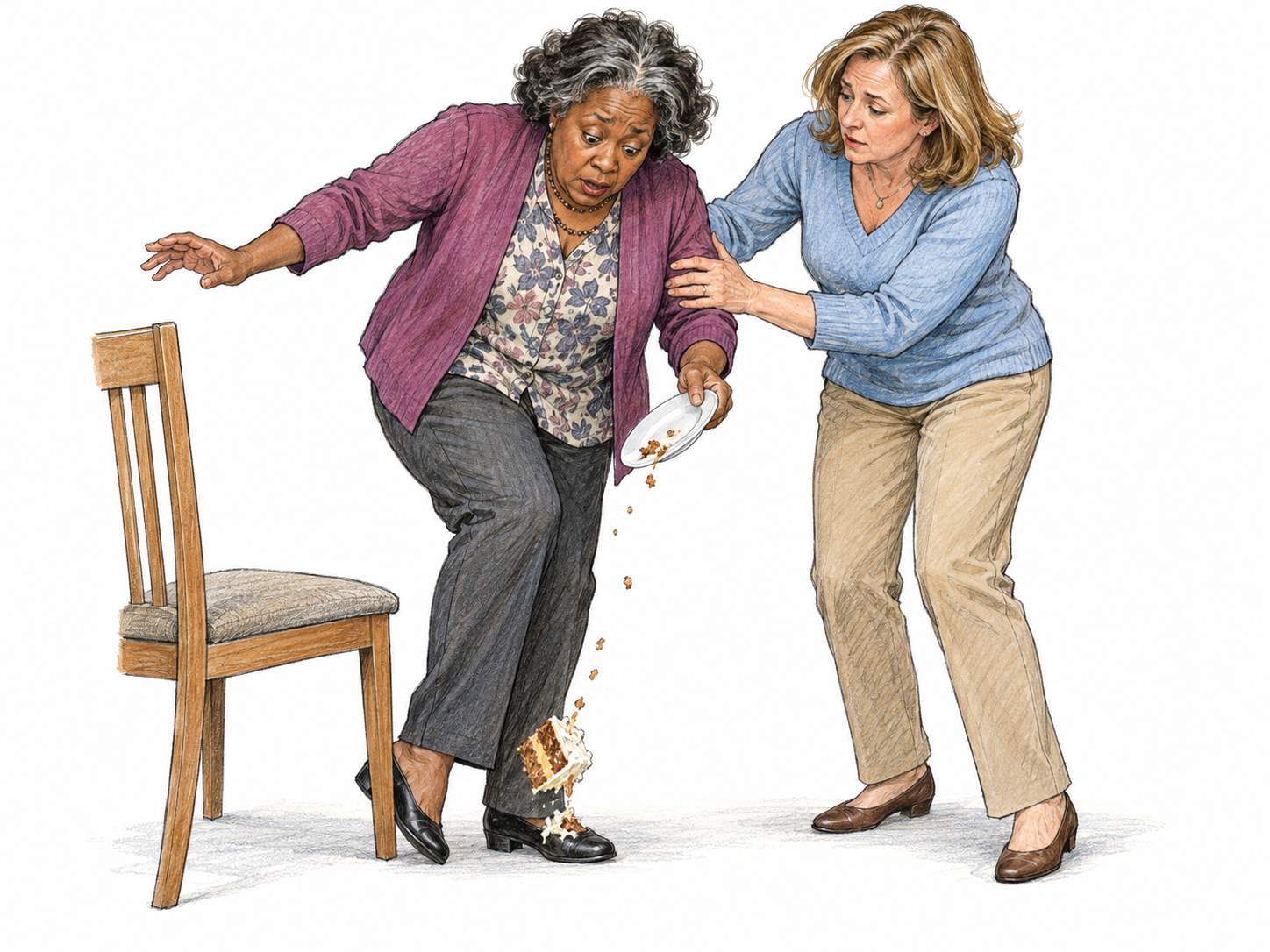 An awkward party guest catches her foot on a chair leg and tips her plate, sending a slice of cake onto her own shoe while a nearby guest reaches to steady her.
