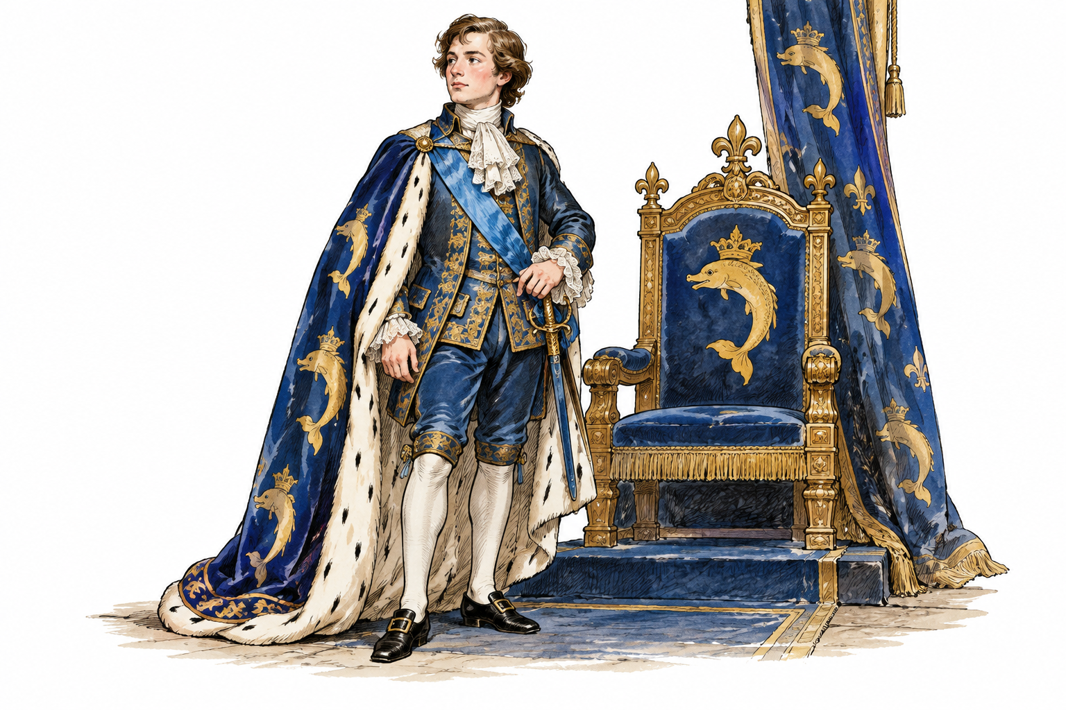 A young adult heir of the historical French court in blue ceremonial clothing stands beside a throne with dolphin heraldic motifs, no modern crown claim.