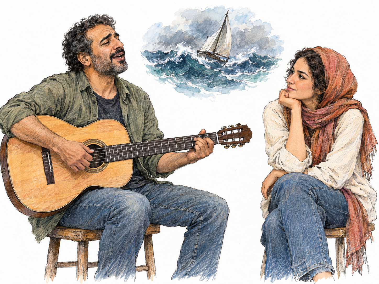 A modern singer performs a storytelling song on acoustic guitar for one attentive listener.