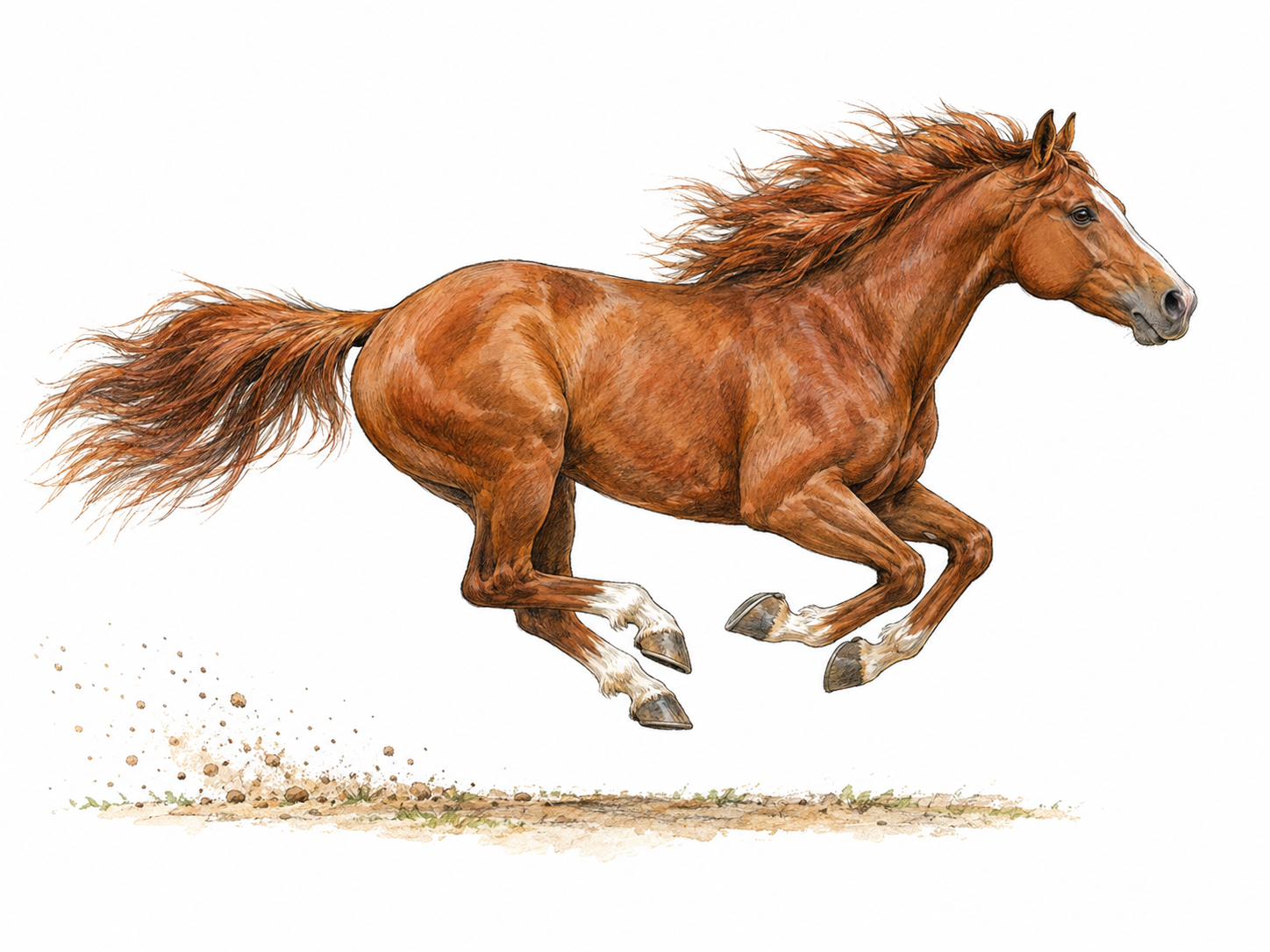 A riderless horse gallops in side view, caught in the gathered airborne phase of its stride, with all four hooves clear of the ground and its mane and tail streaming backward.