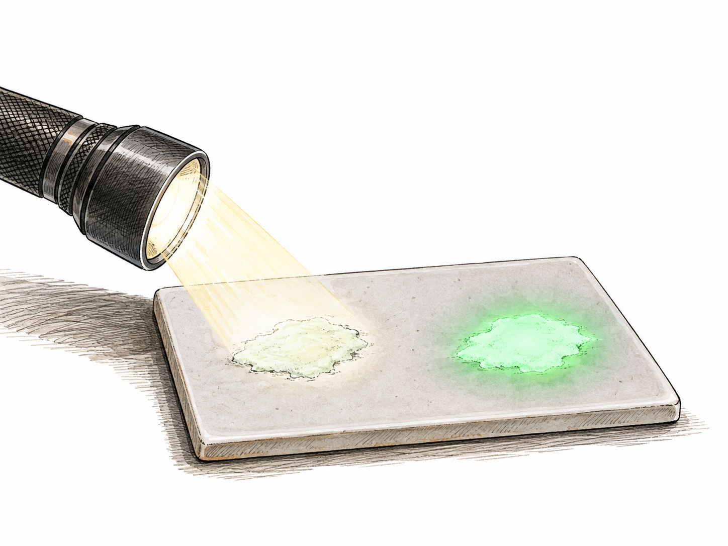 A small patch of pale phosphor coating glows green after illumination, plain laboratory tile study.