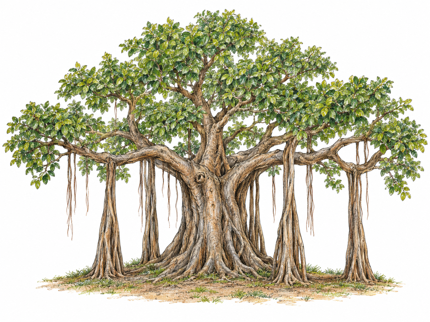 A single mature banyan tree with spreading branches visibly connected to thick supporting prop roots, alongside slender aerial roots still hanging above the ground.