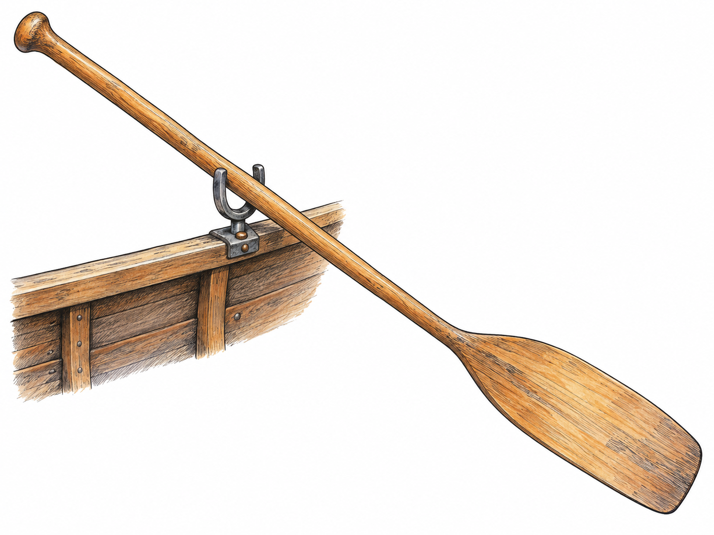 A single wooden oar shown in full, resting through the oarlock of a minimally depicted rowboat gunwale.