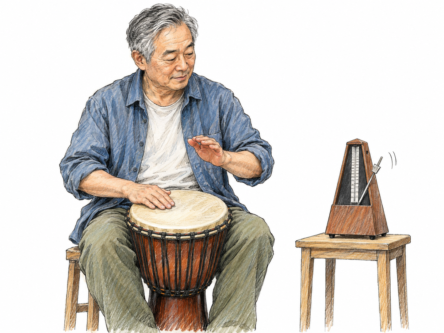 An older East Asian man maintains a steady beat on a small hand drum, with a mechanical metronome beside him reinforcing the regular rhythm.