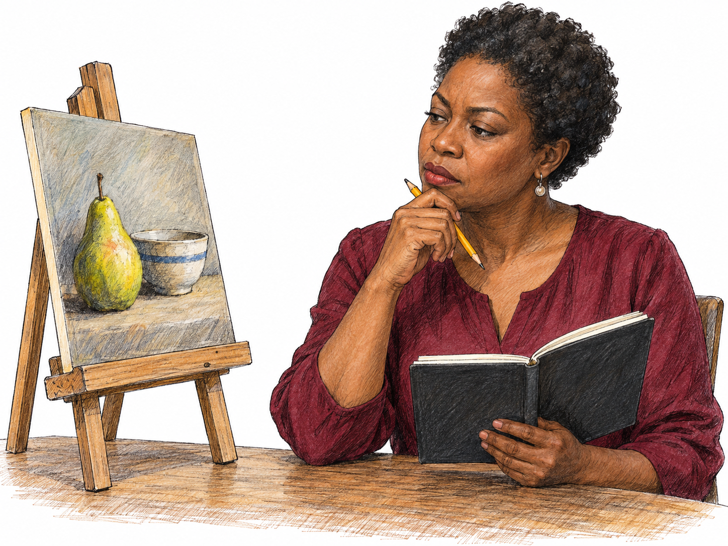 A contemporary art critic carefully assesses a small still-life painting on a tabletop easel while noting an evaluation in an open notebook.