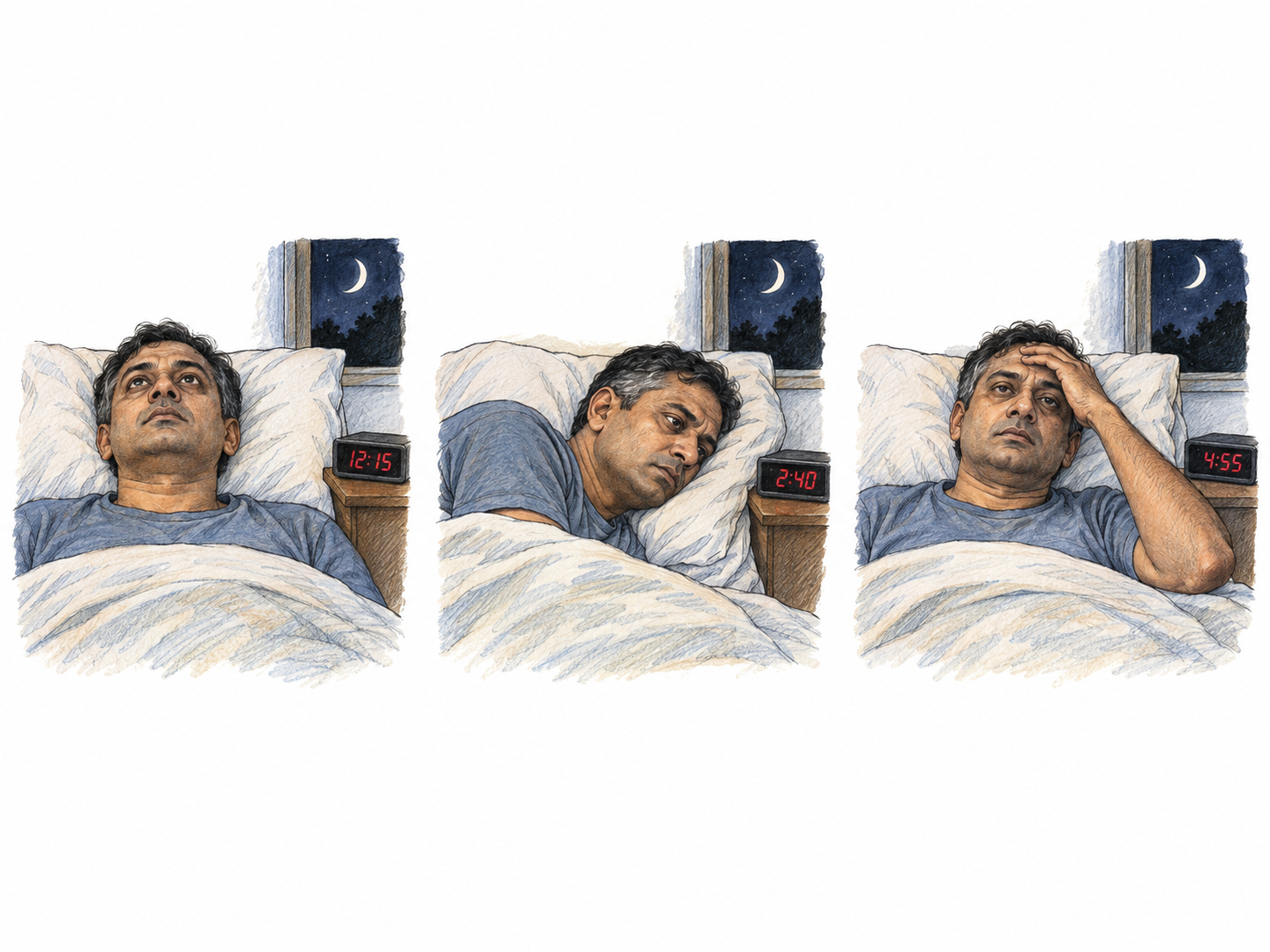 A three-panel nighttime sequence shows the same tired man unable to fall asleep as his bedside clock advances from 12:15 to 2:40 to 4:55.