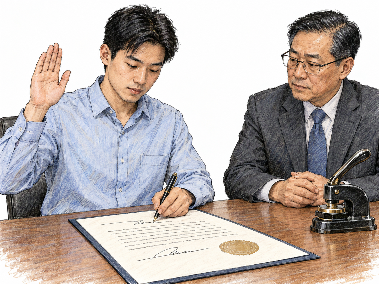 A man raises his right hand in an oath-taking gesture while signing a formal statement with his left hand before a seated legal official.