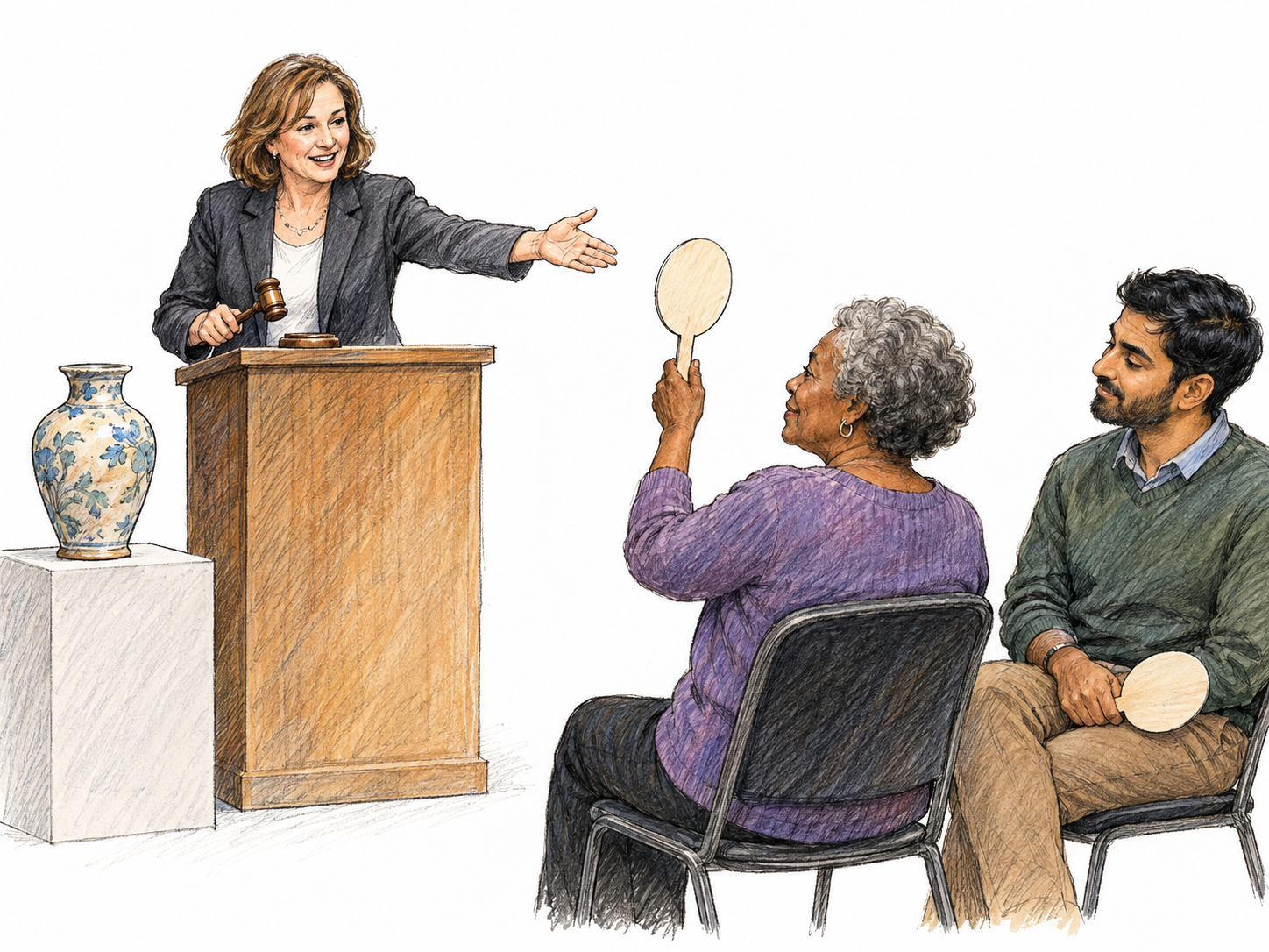 A modern public auction: an auctioneer closes bidding on a ceramic vase, gesturing toward the winning bidder whose paddle remains raised while another bidder lowers his paddle.