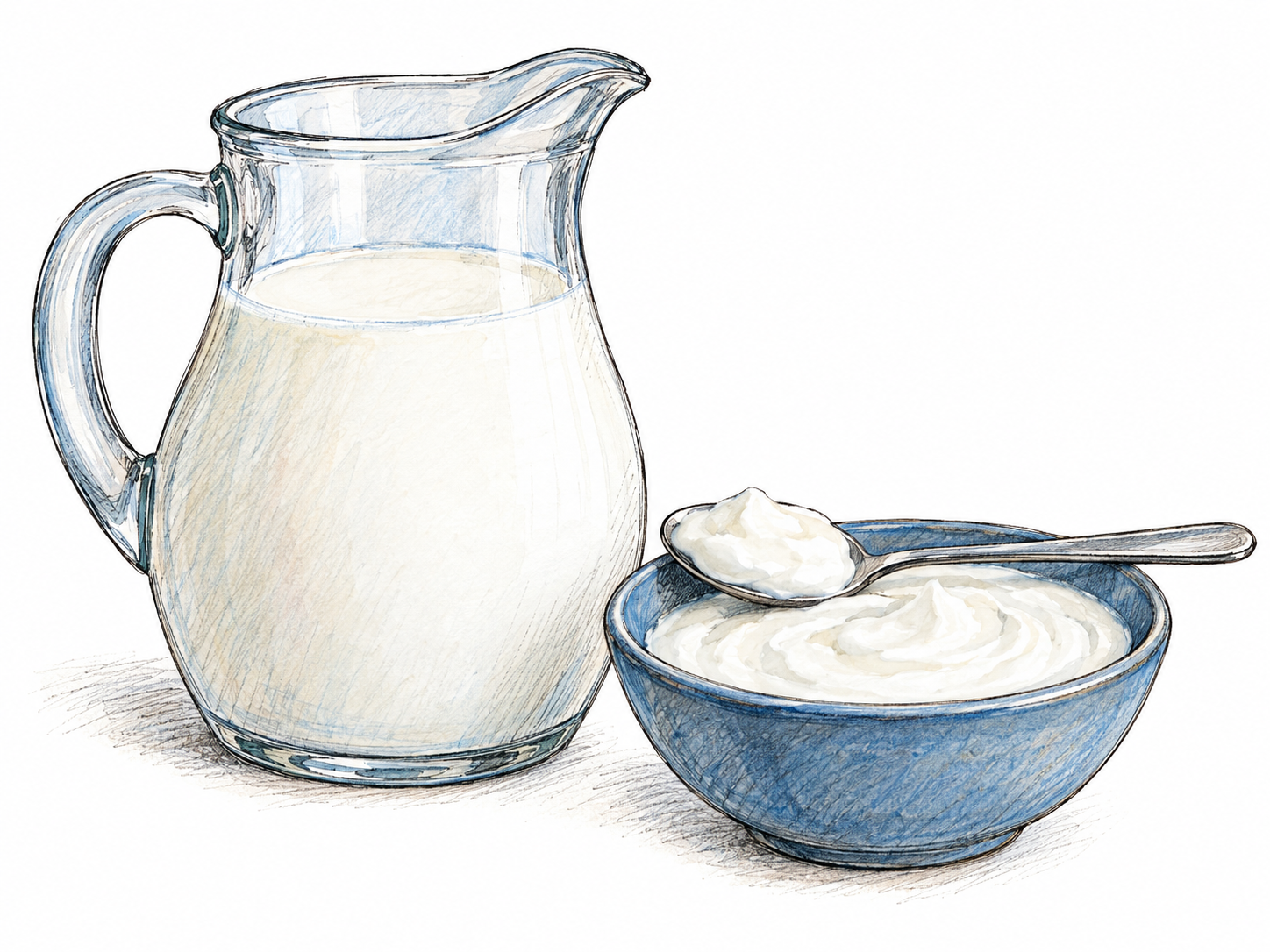 A small milk still life illustrating the milk-related branch of the definition: a clear pitcher of milk beside a bowl of plain yogurt, with a spoonful lifted above the bowl.
