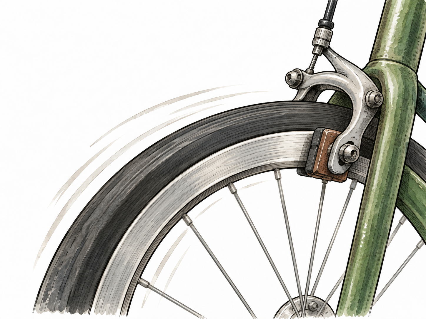 A simple mechanical brake slows a turning wheel, visible brake pad touching rim and subdued motion marks, no people labels.