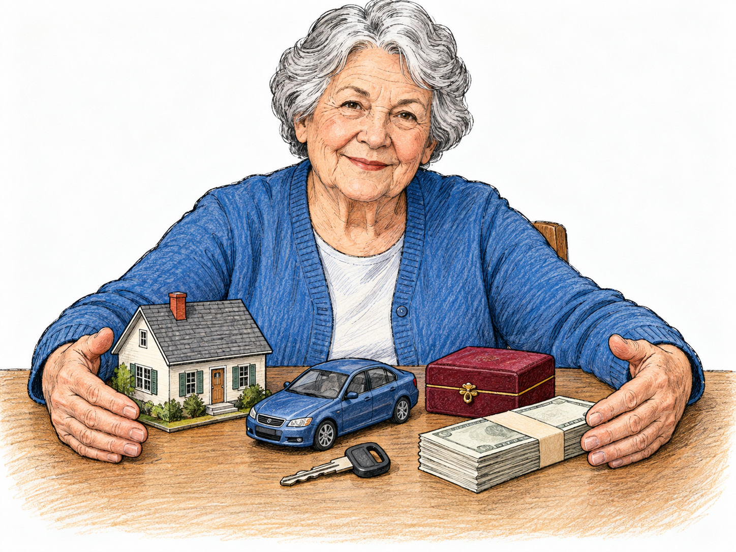 An older owner sits behind one compact arrangement of their assets: a small house model, a car model, a key, a closed jewelry box and a modest stack of generic blank banknotes.