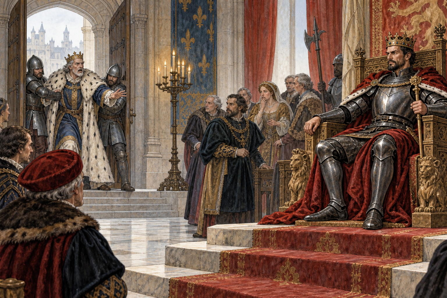 A medieval throne room after an unlawful takeover: a stern armored noble sits with the royal crown while the displaced ruler in royal robes is held back at the doorway by guards, shocked courtiers look on.