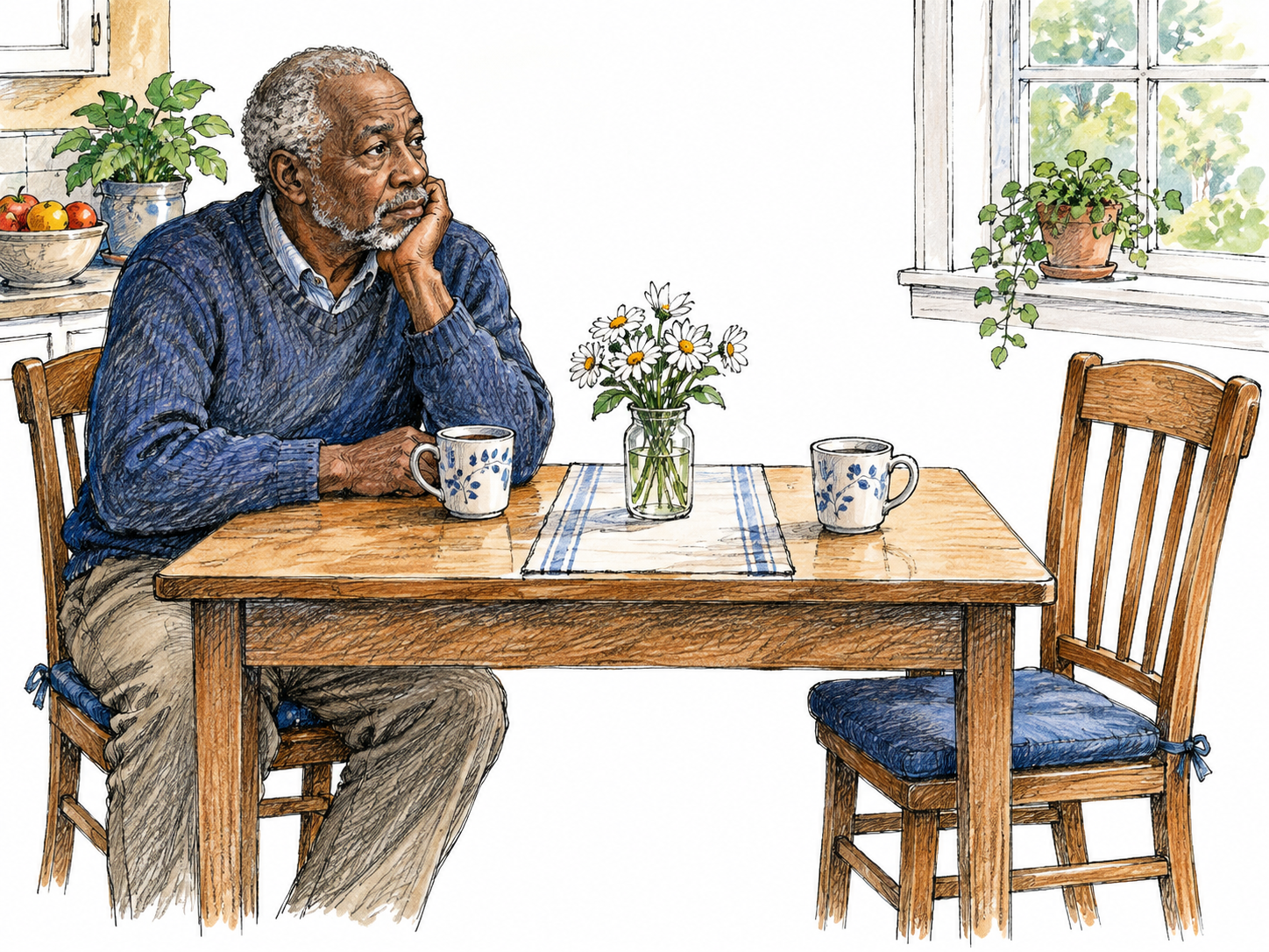 An older man sits beside an empty chair at a two-place kitchen table, untouched second cup showing someone's absence; contemplative rather than grieving stereotype.