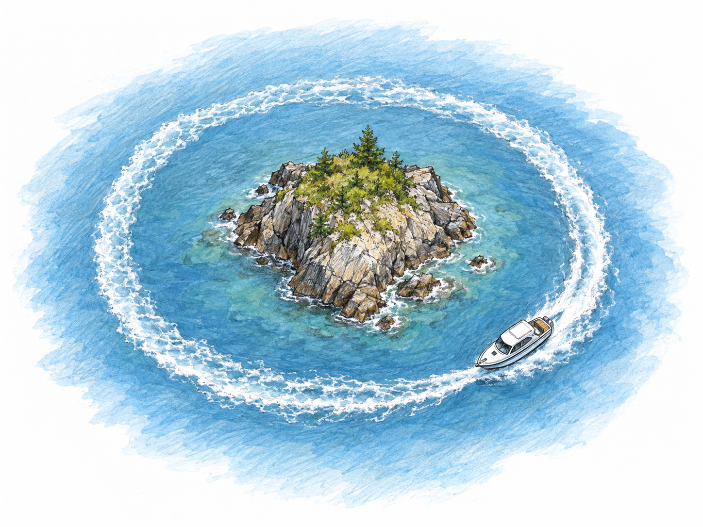 An overhead view of a small motorboat completing a full circuit around a rocky islet, its continuous foamy wake forming a closed loop around the land.