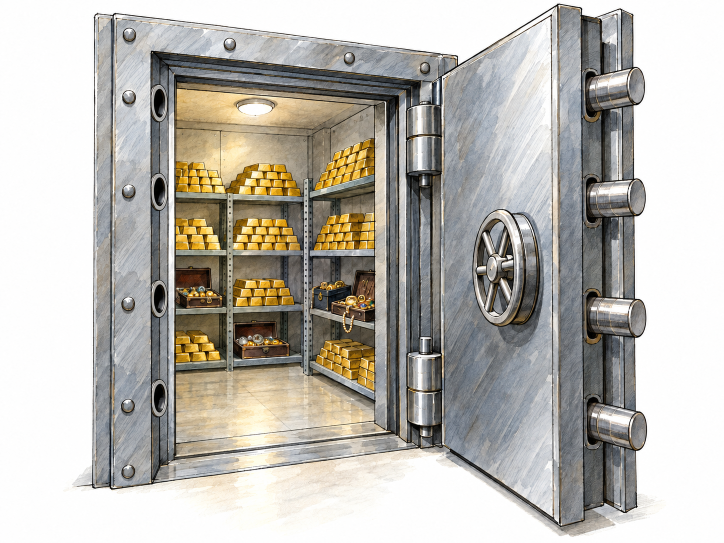 An open, room-sized bank vault with an exceptionally thick steel door, visible locking bolts, and shelves of gold bars inside.