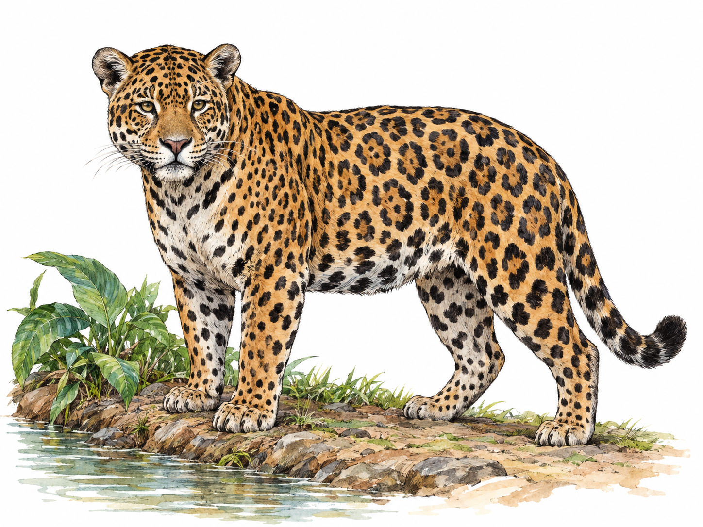 A single adult jaguar standing in three-quarter side view, with a muscular body, broad head, and large dark rosettes containing central spots.