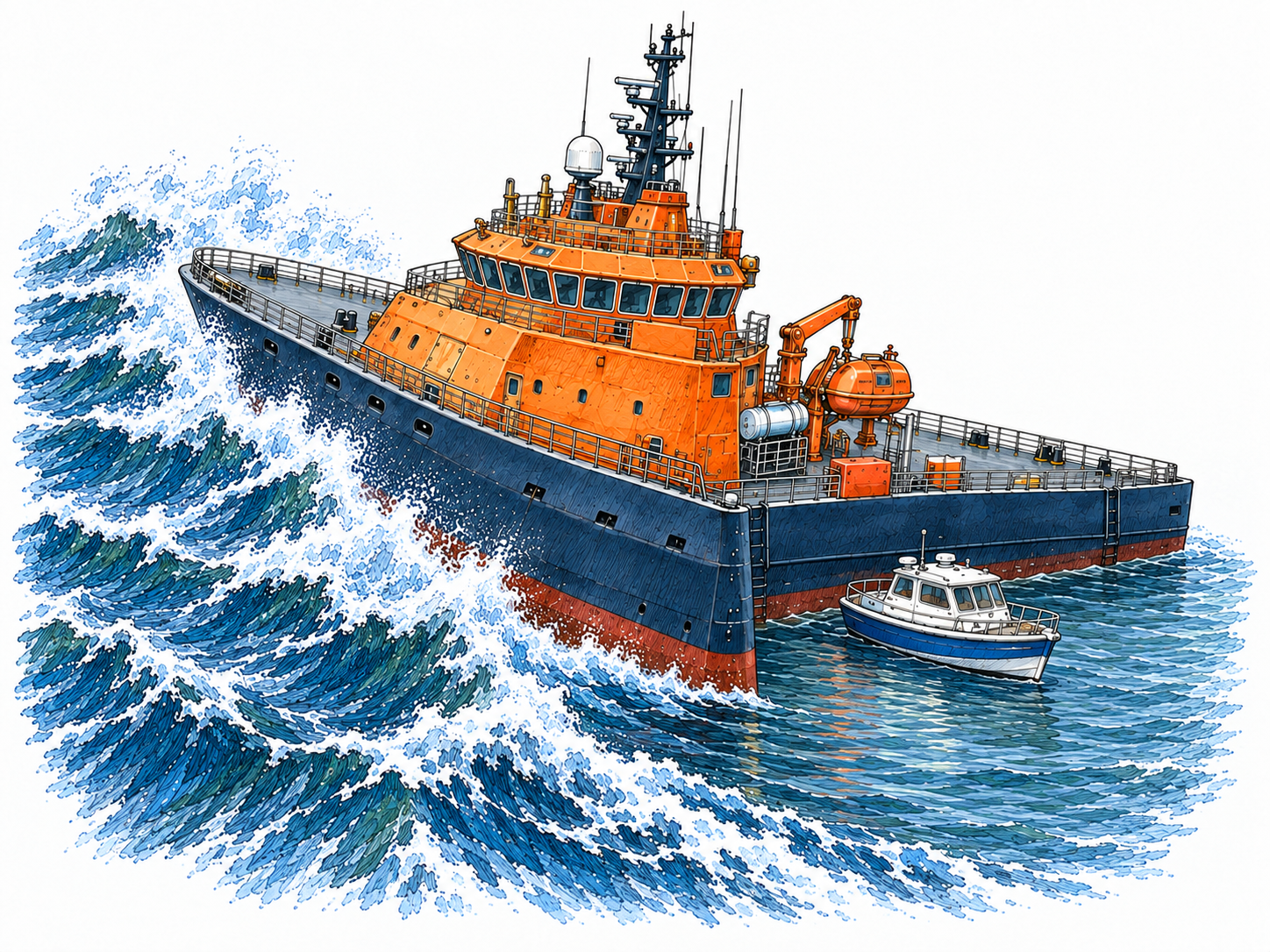 A large rescue vessel shelters a small cabin boat from heavy waves, making protection by a much more powerful source visible through their physical arrangement.