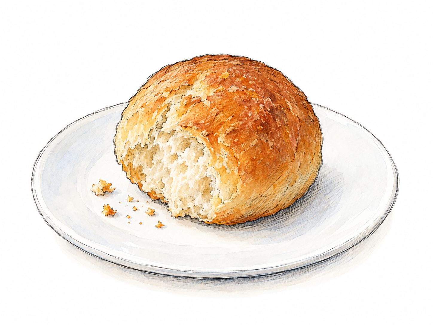 A single small, round bread bun on a plain side plate, with a small torn opening revealing its soft bread crumb.