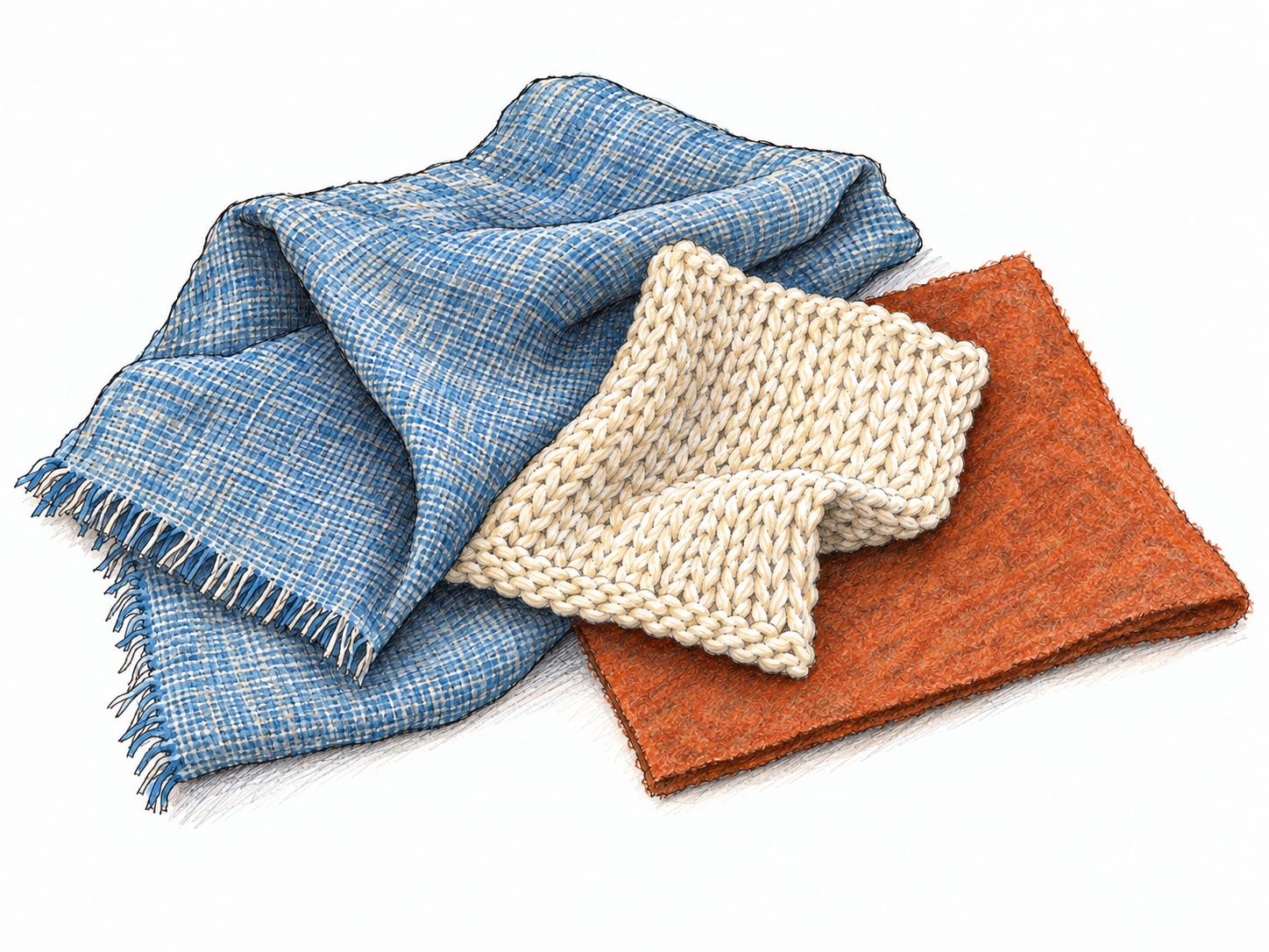 Three overlapping pieces of cloth: a loosely folded woven cotton length, a soft knitted swatch, and a small felt sheet, with simple edges and drawn fiber structures distinguishing them.