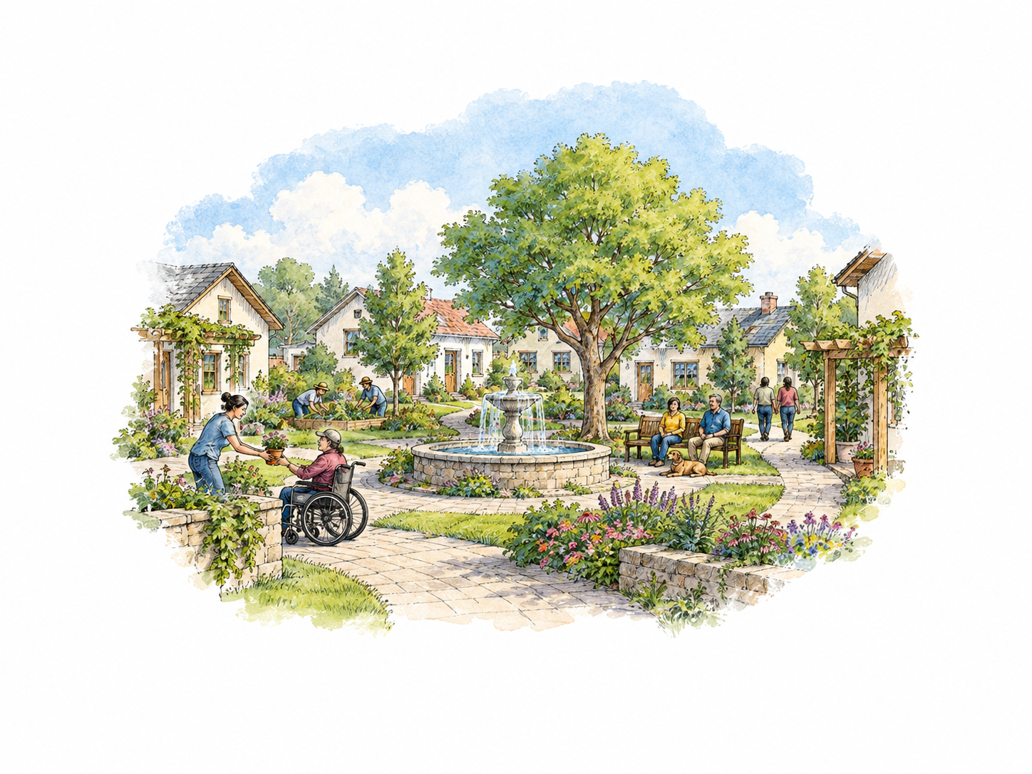 Small clearly imagined ideal community vignette: modest accessible homes around shared green garden, clean water fountain, relaxed people helping one another; airy cloud-like edge signals imagined place, no slogans, technology fantasy or dense city panorama.