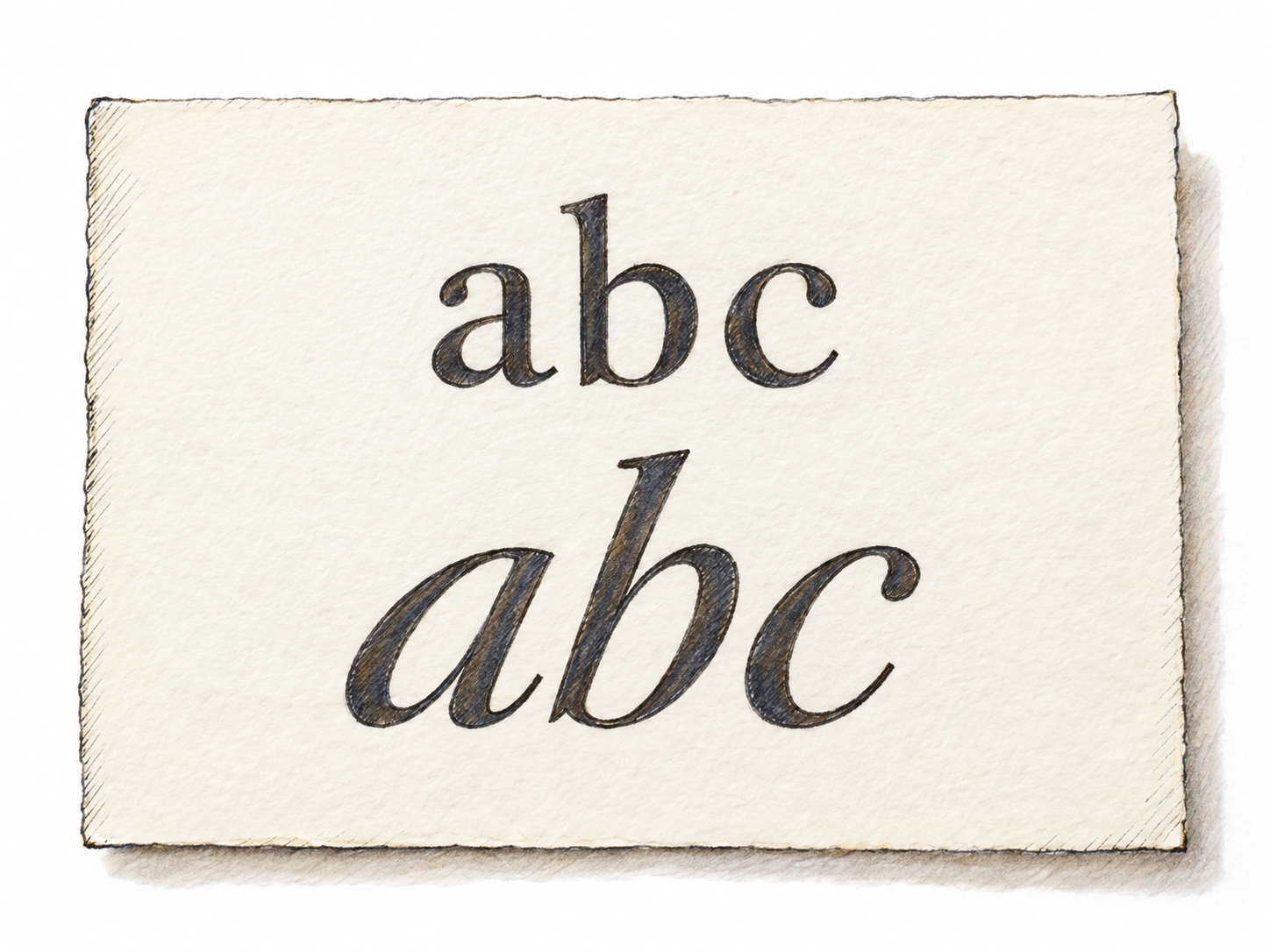 A small typography specimen shows the same short letter sequence twice: upright serif letters above and unmistakably right-slanting italic serif letters below.