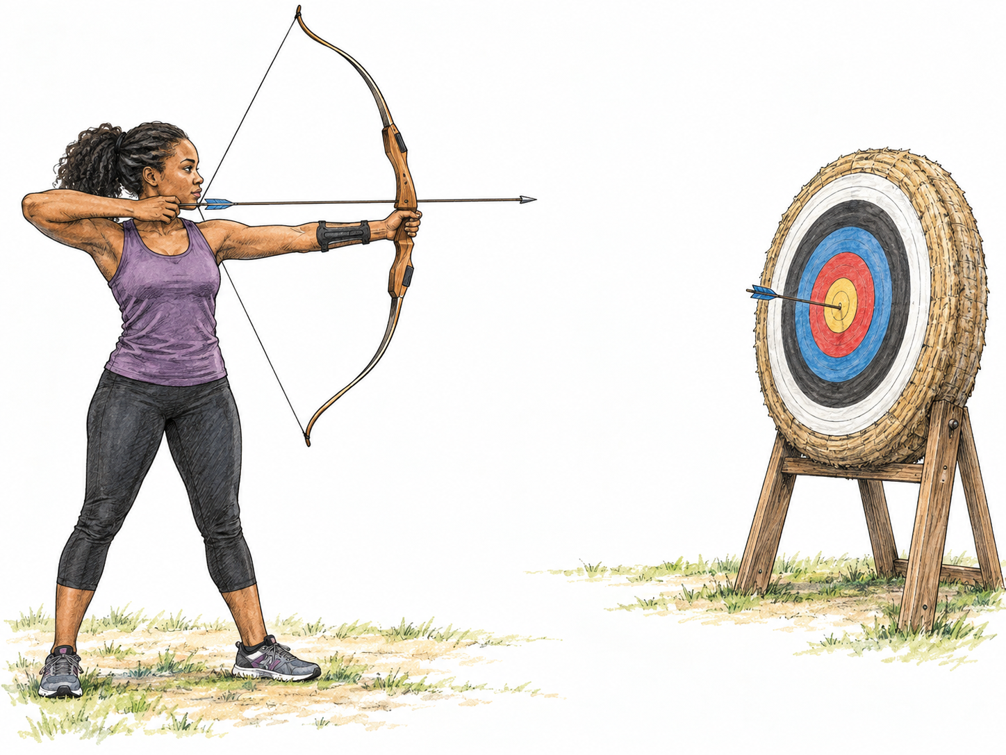 An archer visibly aims at a straw archery target, making the object selected for her shot unmistakable.