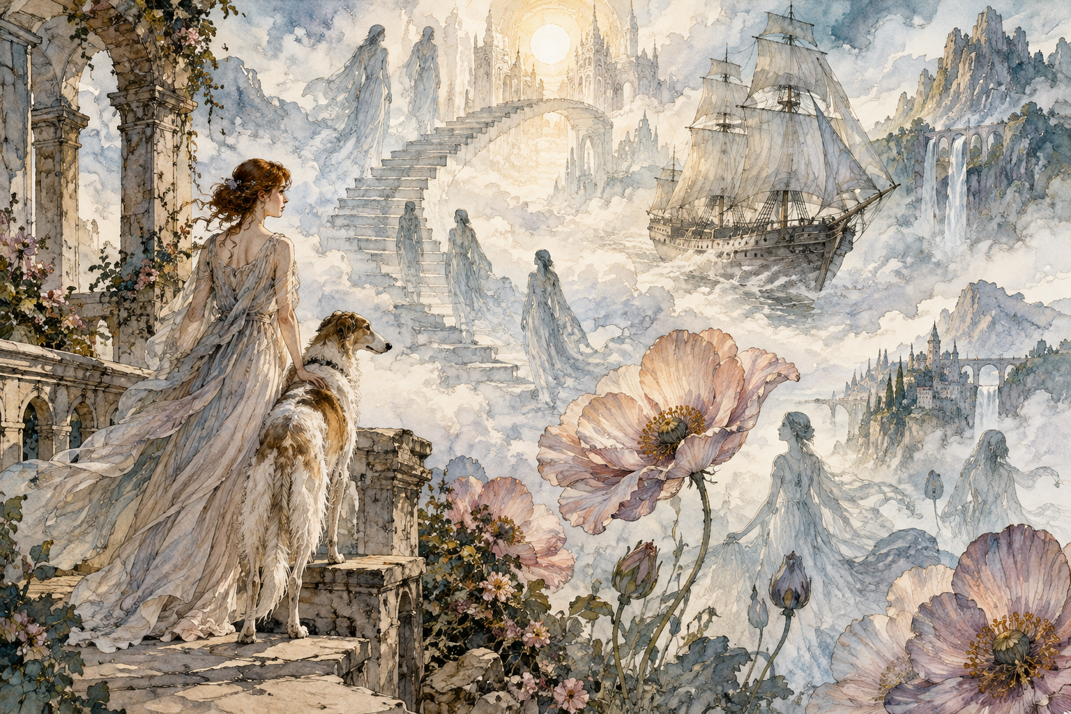 A dreamlike shifting procession of translucent staircase, sailing ship, giant flowers and ghostly silhouettes layered in mist, coherent artistic phantasmagoria, no text.