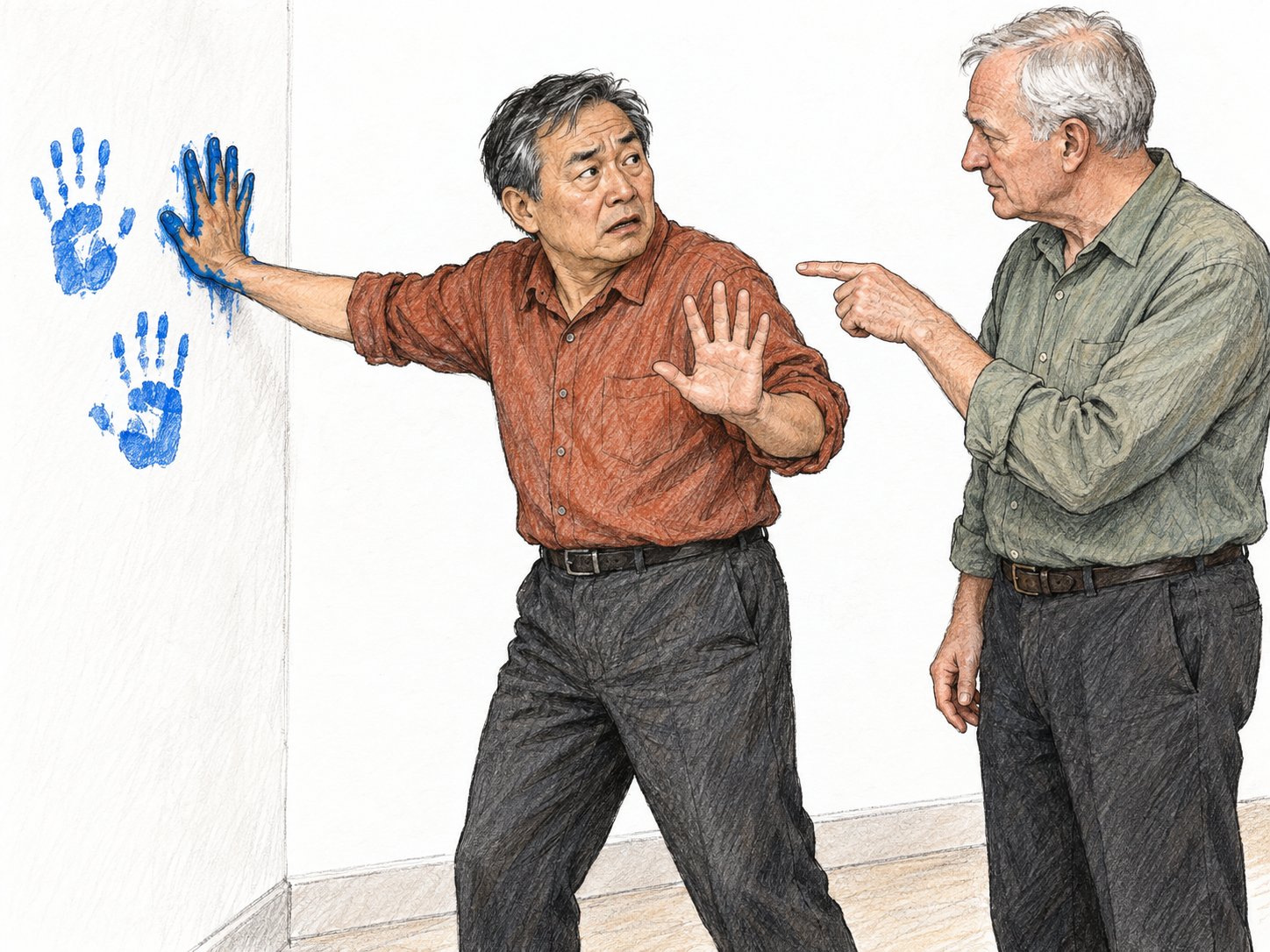 Irrefutable evidence: a man's paint-covered hand is still pressed against a freshly marked white wall while another man points directly to the contact.