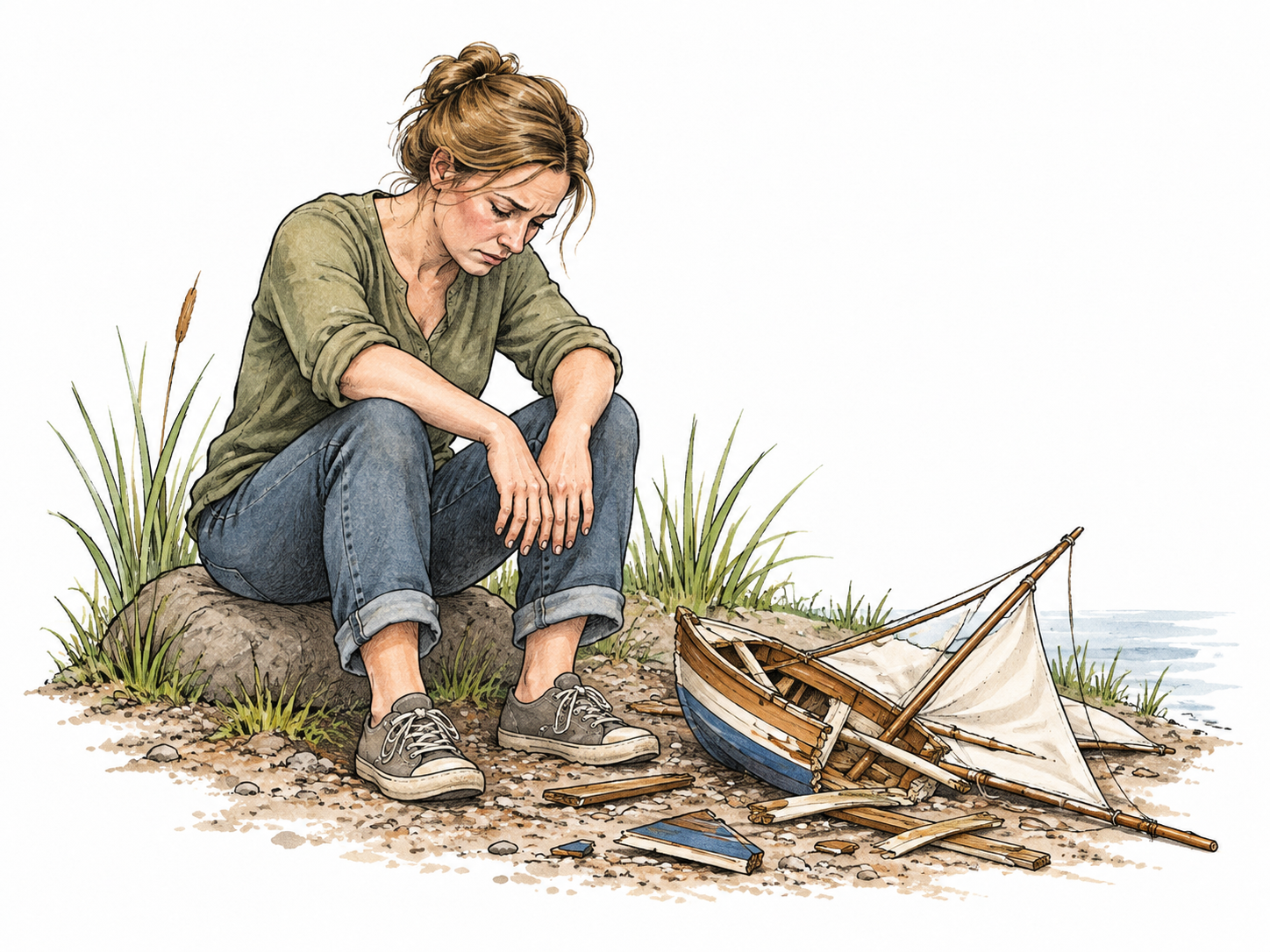 A person sits dejected beside a collapsed carefully built model boat, shoulders dropped and hands hanging hopelessly, no readable packaging.