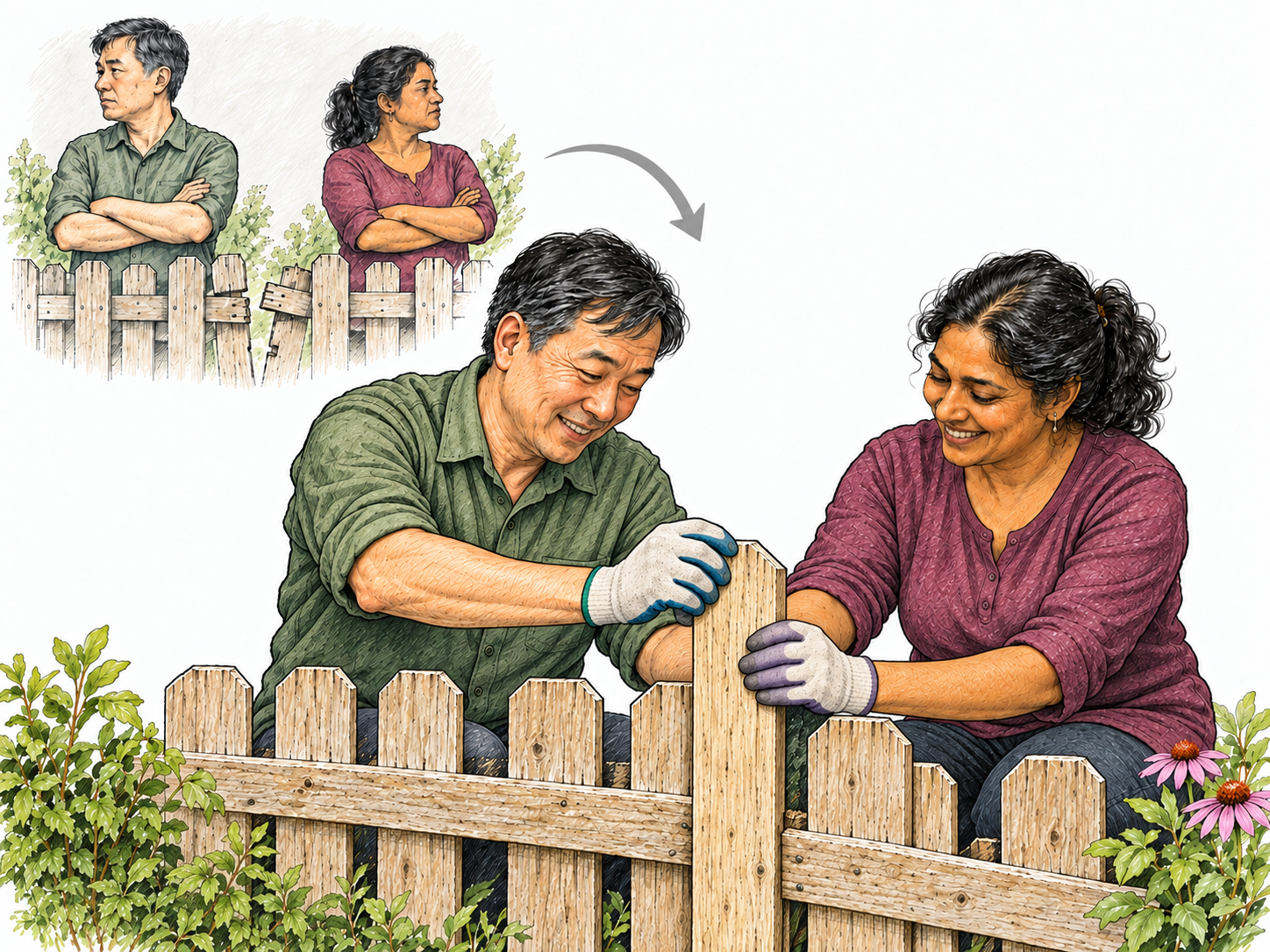 Two neighbors smile and jointly mend a low shared garden fence after a disagreement; a small pale earlier vignette shows the same pair looking away from each other across the broken fence, now working together in harmony.