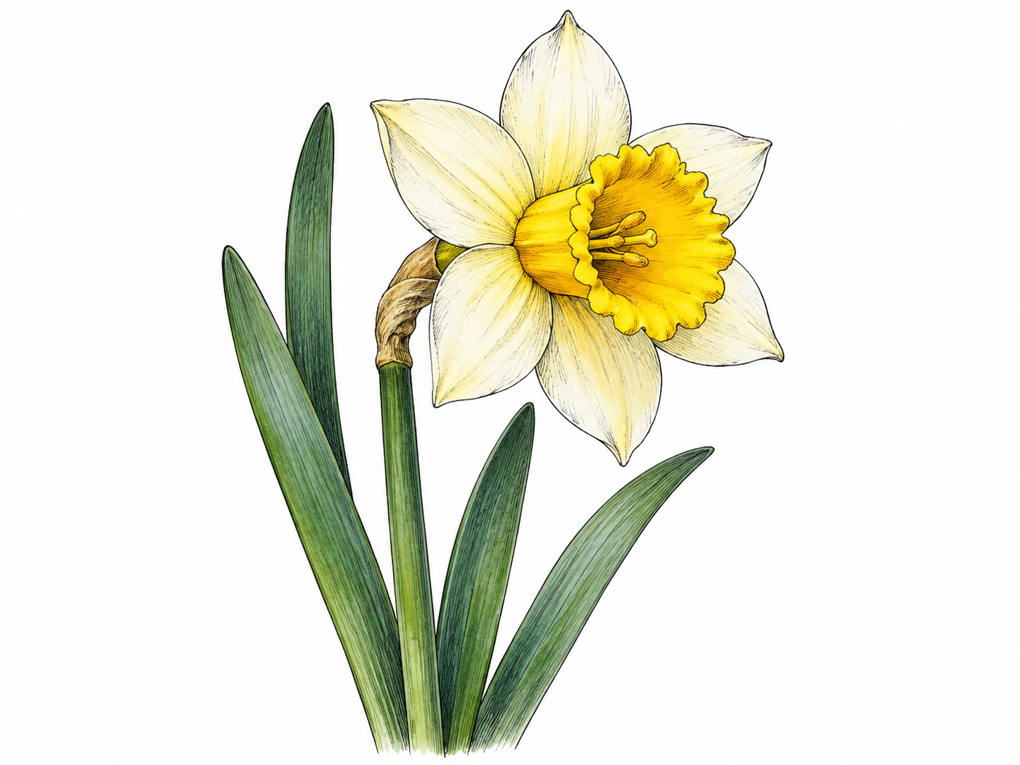 A spring narcissus stem shows six pale petal-like tepals around a distinct central yellow trumpet and narrow leaves; natural botanical ink.