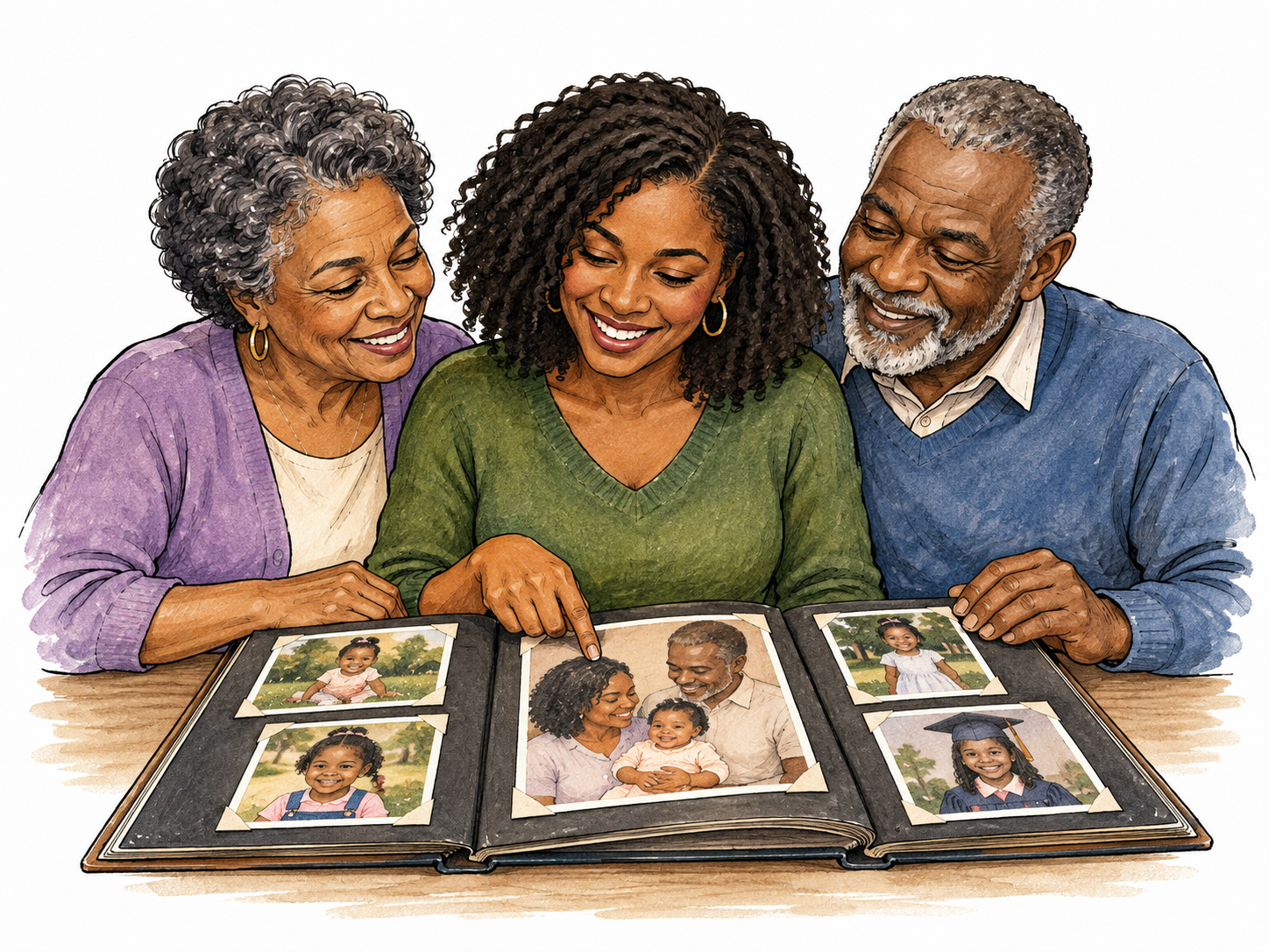 An adult woman sits between her mother and father looking through a family photo album; similar family features and one older photo of the same parents holding her as a baby make her parentage clear.