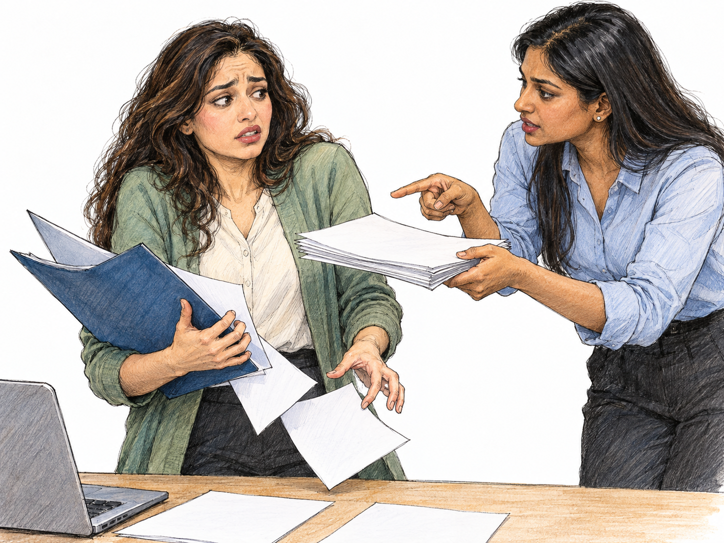 An insistent colleague thrusts a second stack of loose papers toward a woman already struggling with an open folder, visibly flustering her into fumbling and dropping sheets.