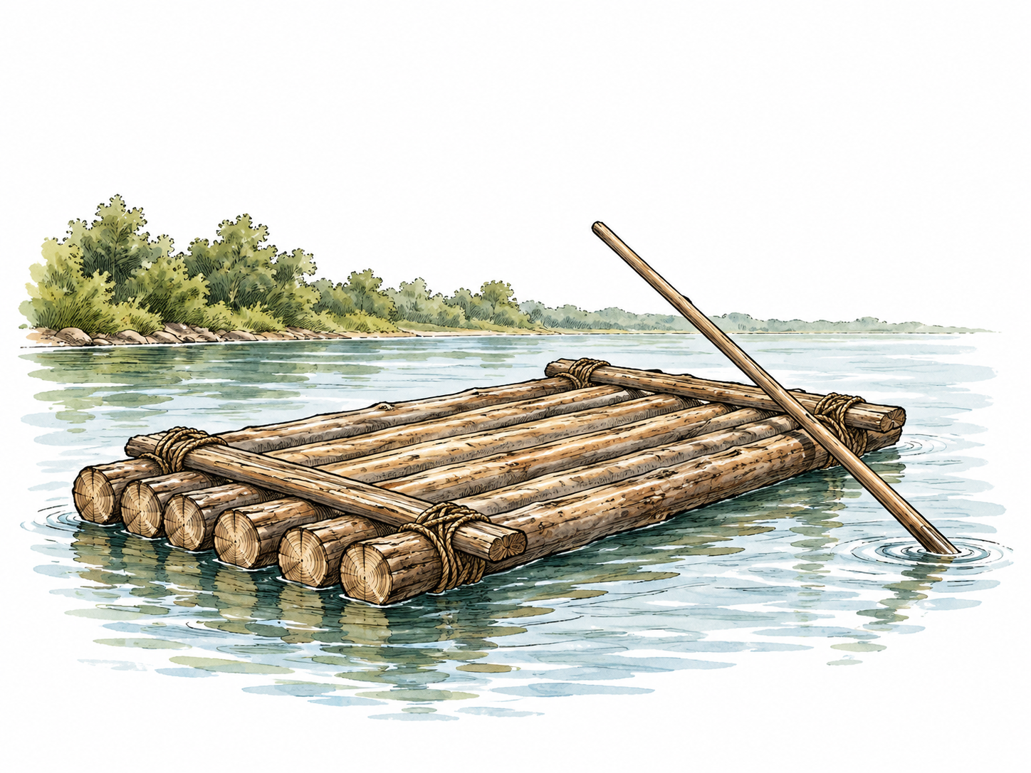 A flat raft made of lashed logs floats on a calm river with a pole resting on it.