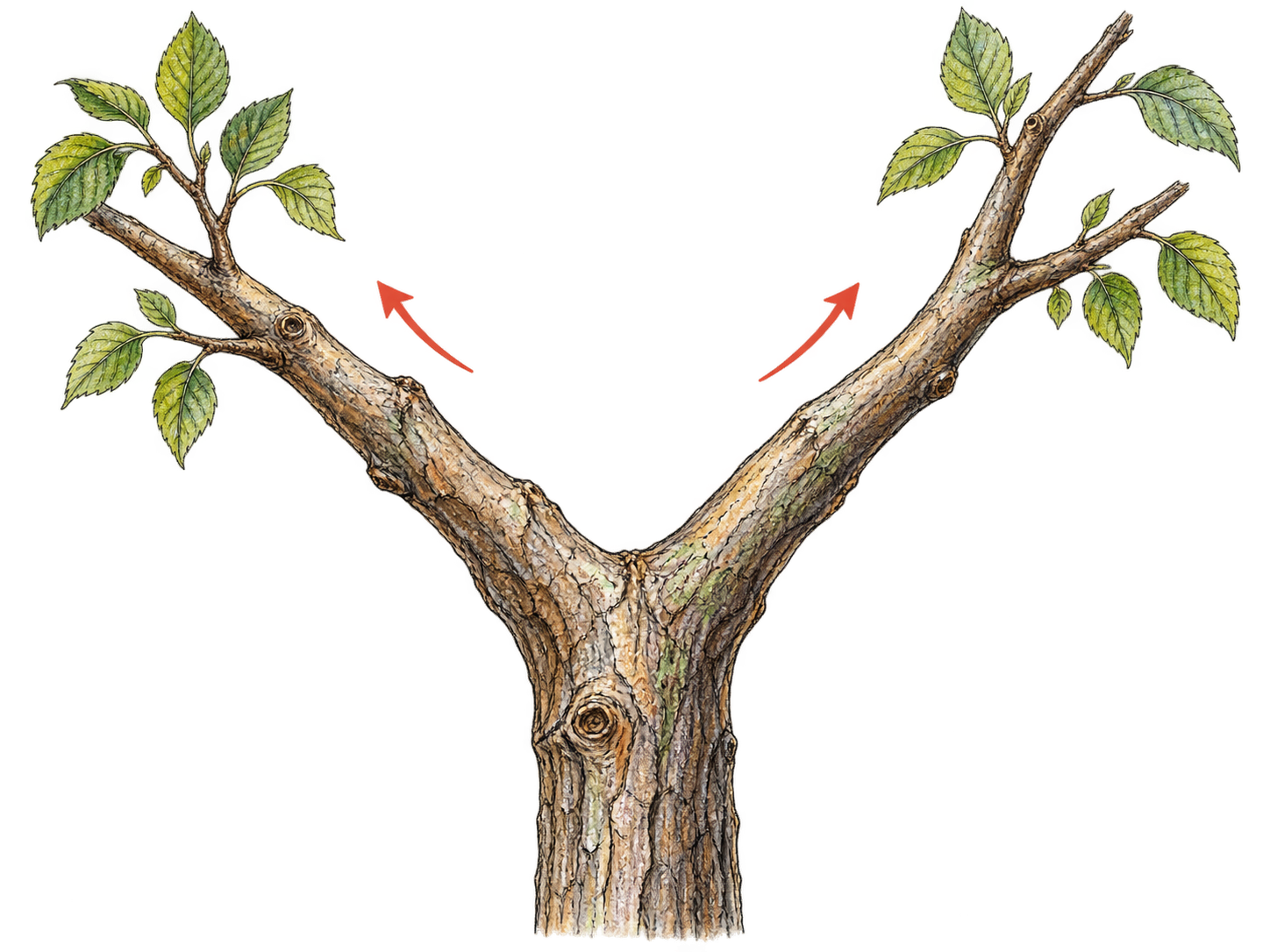 Tree branch divides from single trunk segment into two widely separating branches, separation emphasized by matching small directional arrows; isolated ink botanical structure, white ground.