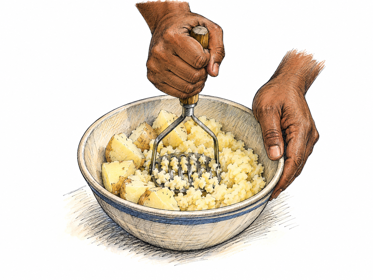 Two hands press a potato masher into boiled potato chunks in a bowl, transforming intact pieces into soft mashed mass, utensil contacting food correctly.