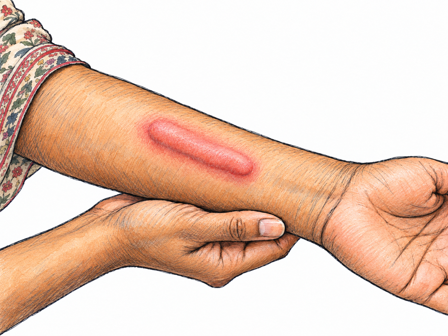 A close view of a woman's forearm bearing a single raised, pink-red welt, with a three-quarter viewing angle making its swollen ridge visibly distinct from a flat scratch or bruise.