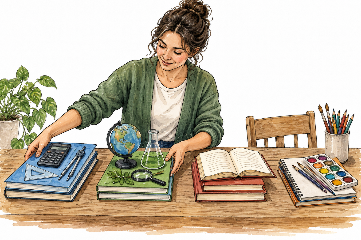 A school planner arranging distinct learning materials for math, science, literature and art on a table, subjects shown with simple diagrams and objects, no written definitions or headings.