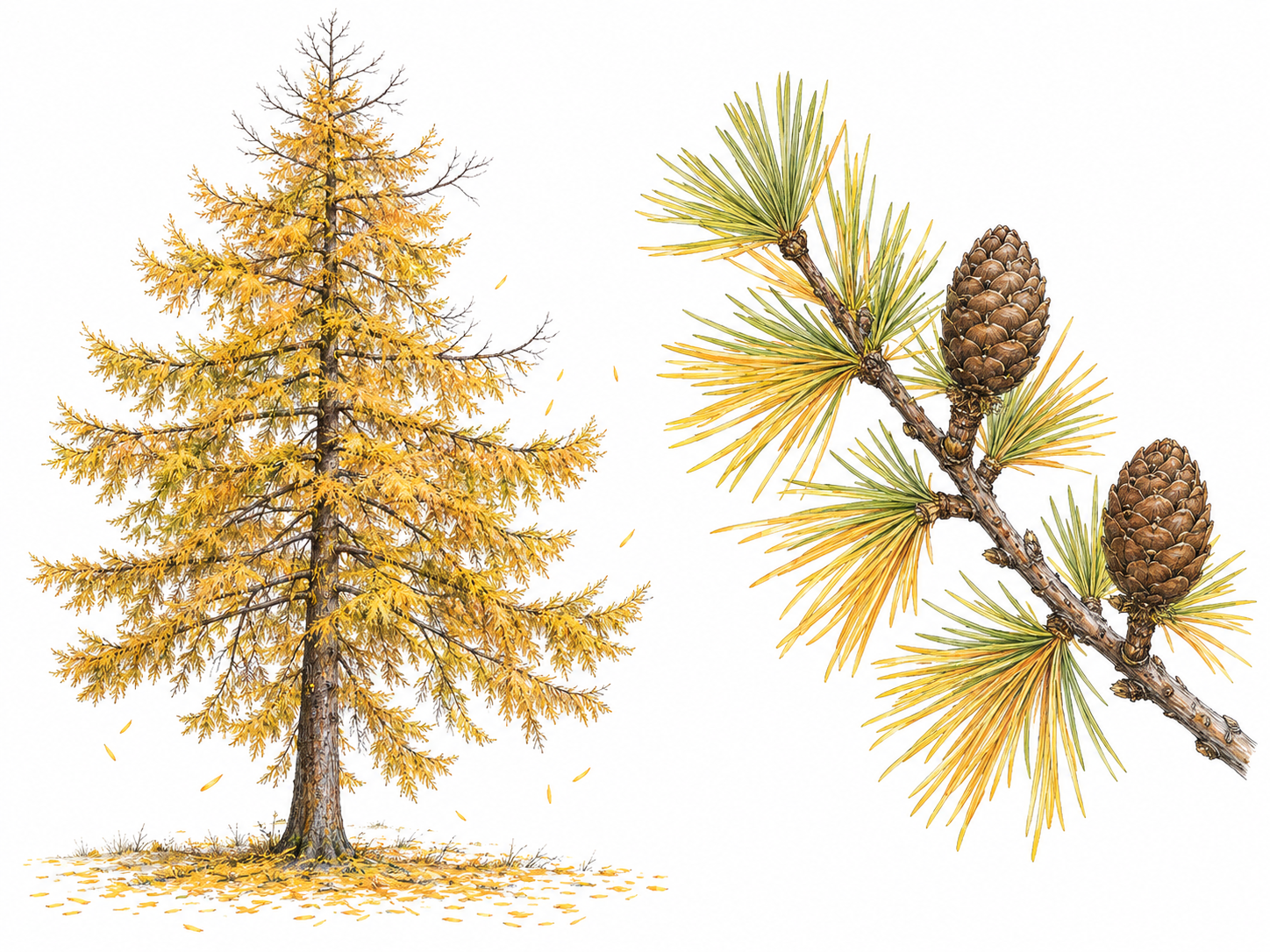 An autumn larch with golden, fine-textured needles, visibly thinning branches, and fallen needles beneath it; a separate enlarged twig study shows soft needles clustered on short shoots and small upright woody cones.