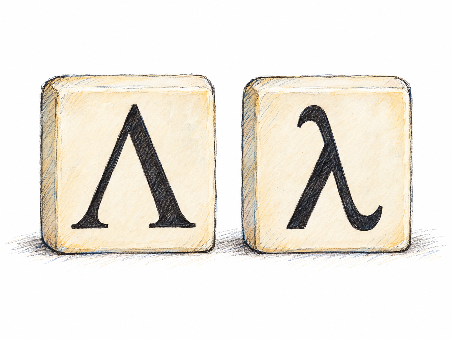 Two simple ivory letter tiles displaying uppercase Λ and lowercase λ side by side, making the Greek letter itself the sole subject.