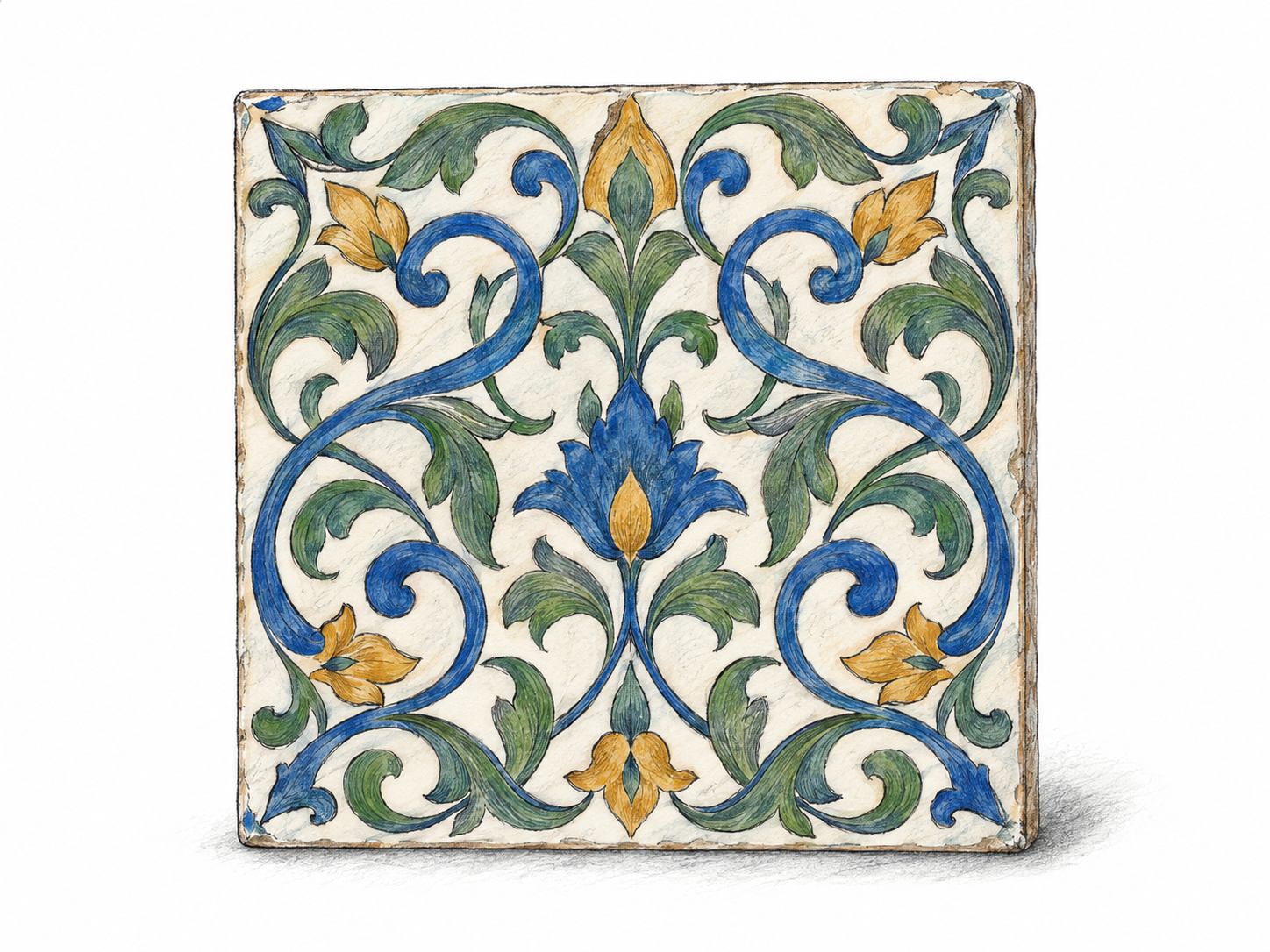 A single decorative ceramic tile bearing an ornate, continuous pattern of curling stems, flowing leaves, and interlaced scrolls, shown nearly front-on so the ornament is immediately legible.