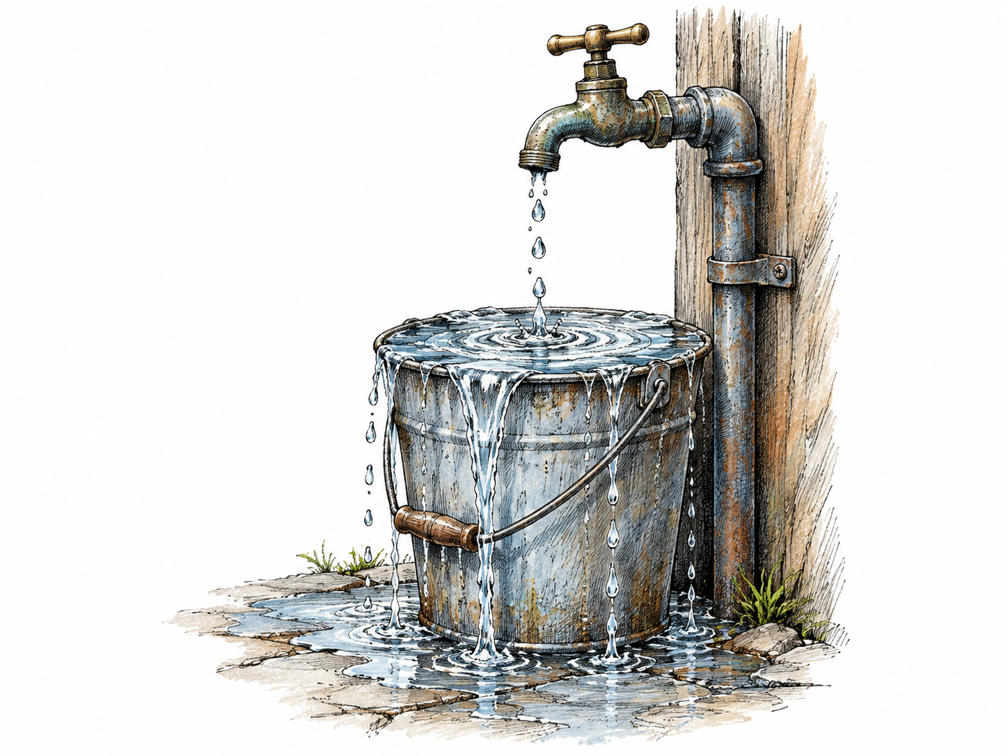 A worn faucet keeps dripping into an already overflowing bucket, continuous droplets and spill suggest seemingly never-ending dripping; compact isolated vignette, no arrows or text.