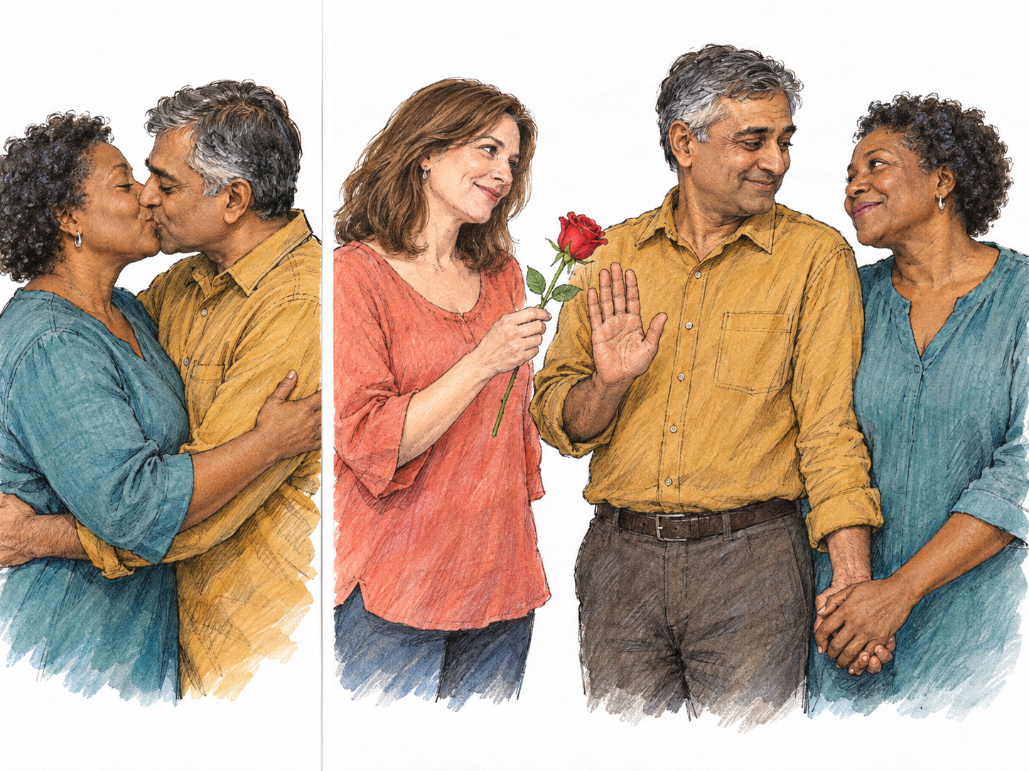 A compact two-scene illustration establishes a romantic couple, then shows the same man declining another woman's romantic overture while remaining hand-in-hand with his partner.